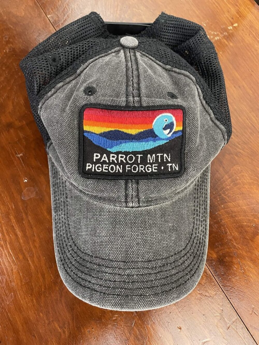 Parrot Mountain Pigeon Forge TN Washed Charcoal Patch Trucker Hat Snapback